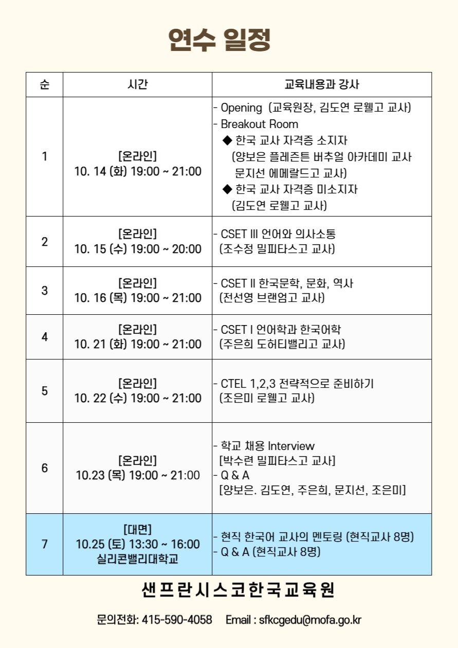 2025 한국어교사 양성연수 일정표 - 온라인 및 대면 연수 일정과 강사 정보