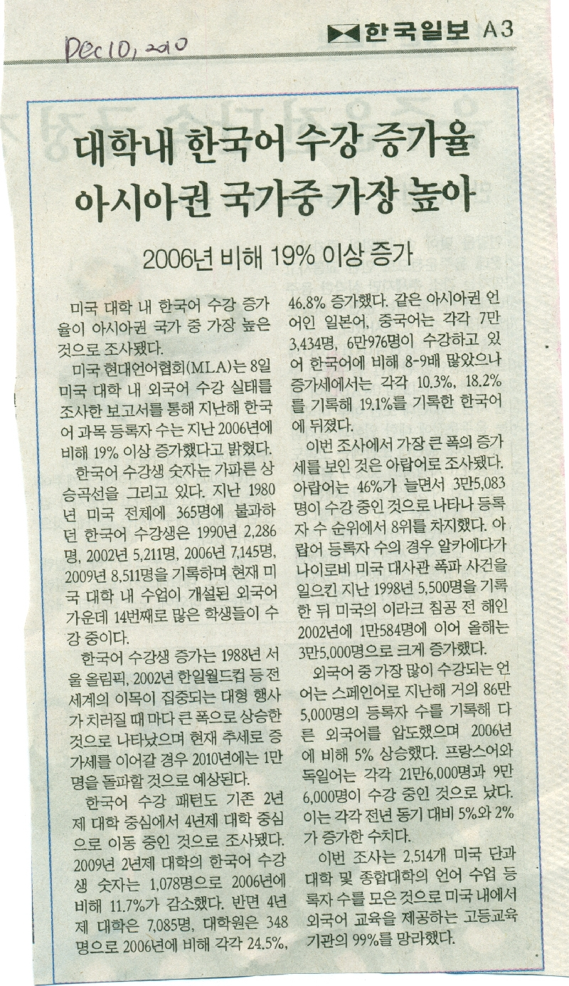 대학내 한국어 수강 증가율 아시아권 국가중 가장 높아